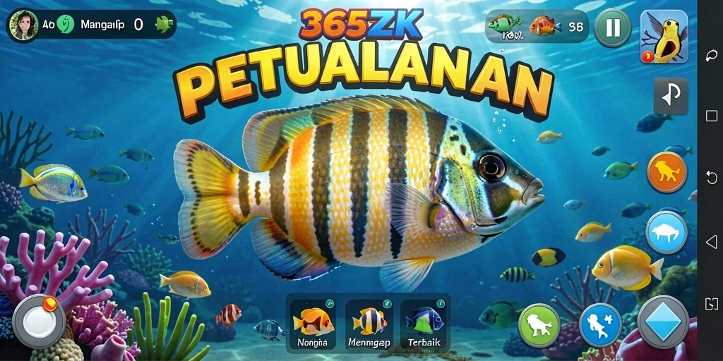 Tampilan gameplay seru dalam 365ZK dengan aksi menangkap ikan.