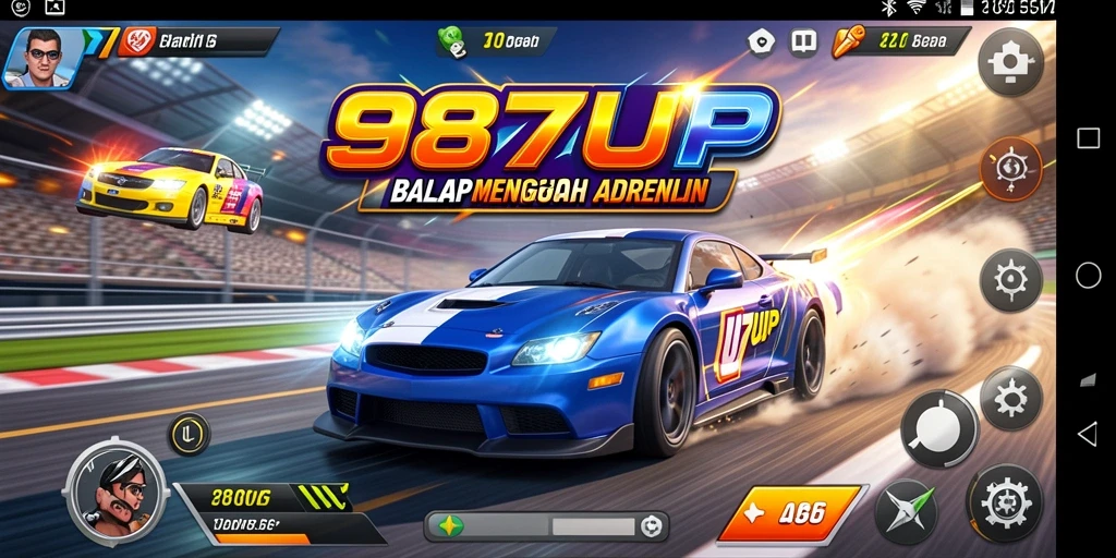 Screenshot utama 987UP menunjukkan aksi balap yang intens dan mendebarkan.