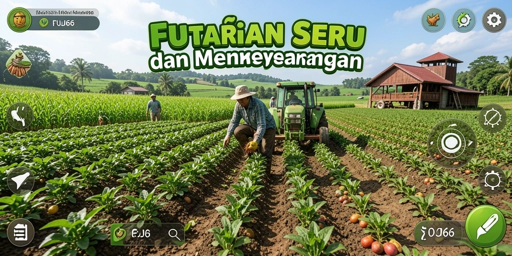Tampilan gameplay FUJI66 yang menampilkan ladang yang subur dan penuh warna.