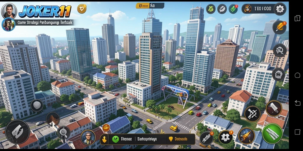 Tampilan gameplay menarik dari JOKER11 memperlihatkan pembangunan kota dan pertempuran.