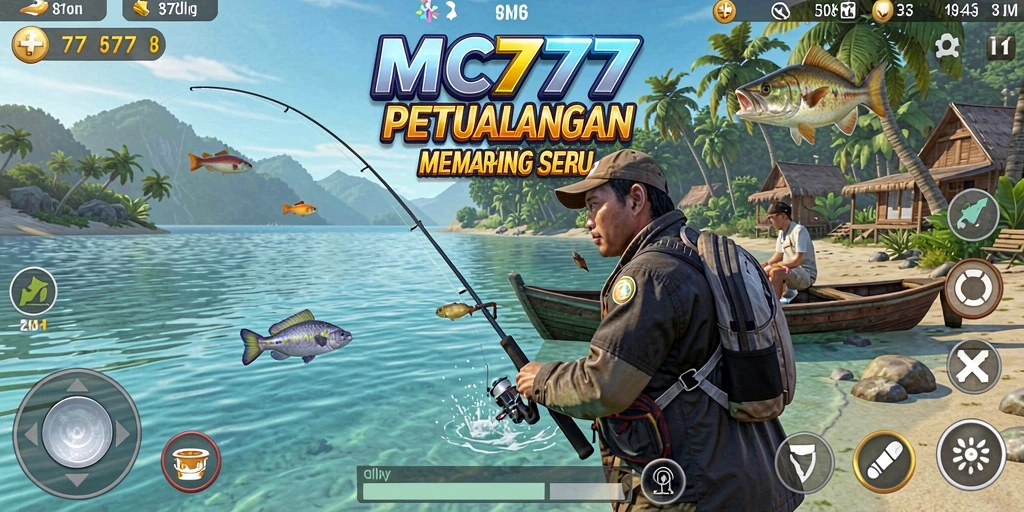 Tampilan gameplay seru saat bermain MC777 dengan aksi memancing.