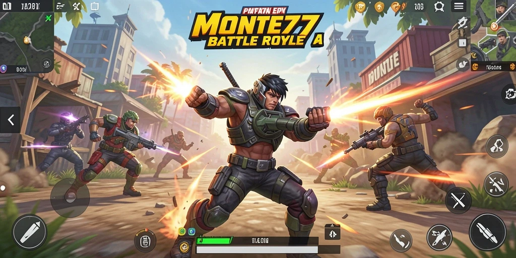 Screenshot utama MONTE77 memperlihatkan aksi pertempuran sengit di medan perang Battle Royale.