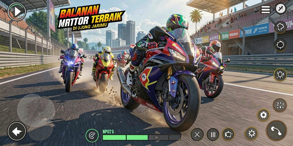 Screenshot utama MPO2121 menampilkan aksi balapan motor yang mendebarkan.