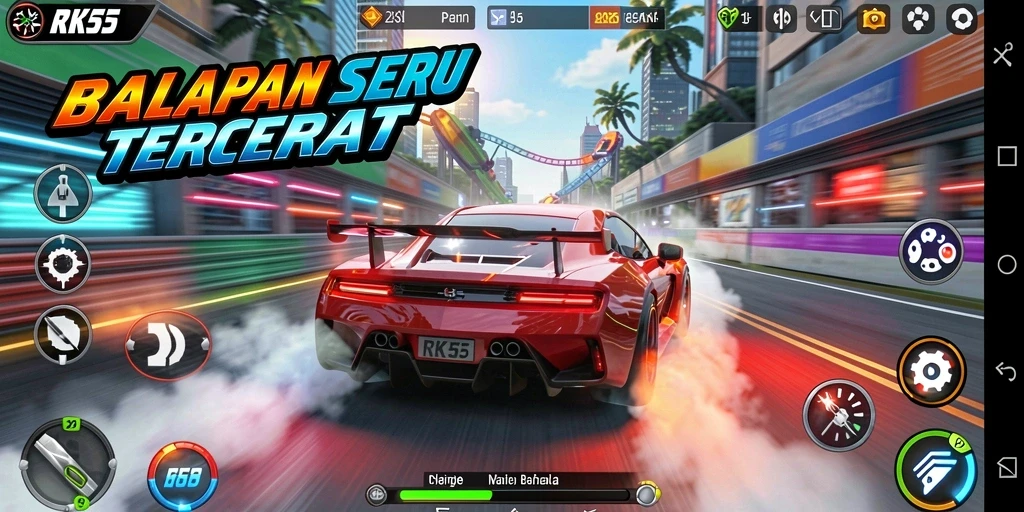 Tampilan gameplay yang mendebarkan dari RK55 dengan mobil balap yang berkecepatan tinggi.