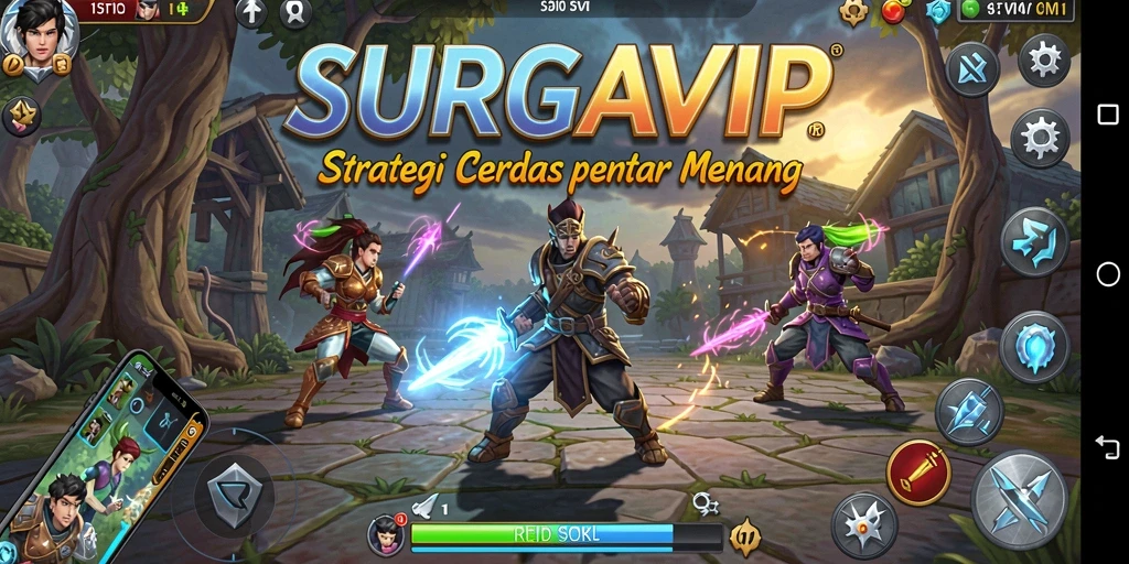 Tangkapan layar utama SURGAVIP menunjukkan pertempuran strategi yang intens.